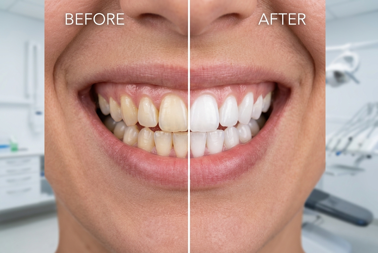 Teeth whitening before and after at Ravikiran Dental Clinic